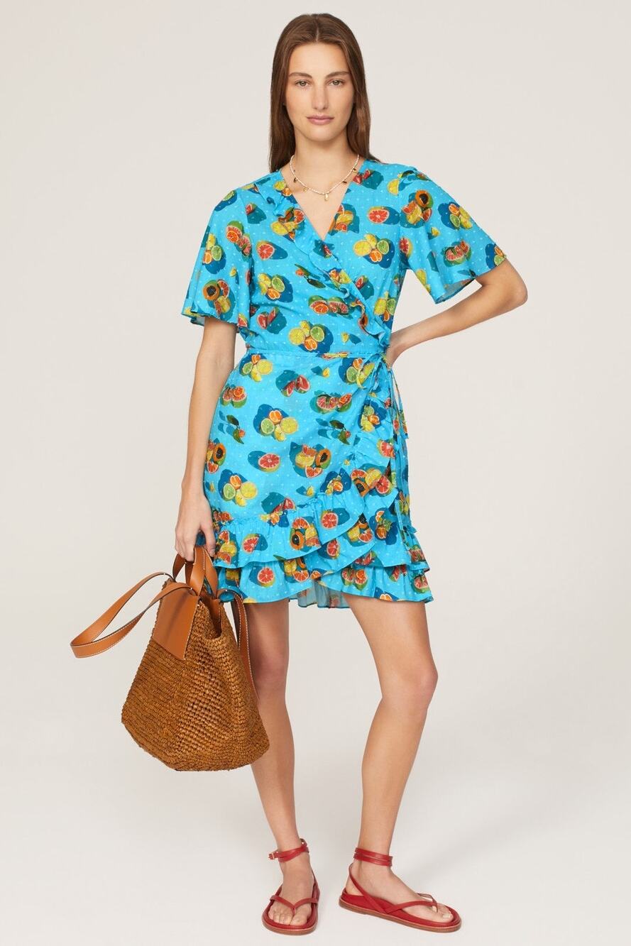 Rachel Antonoff Abby Blue Citrus Fruit Print Ruffle Wrap Mini Dress Size XS
